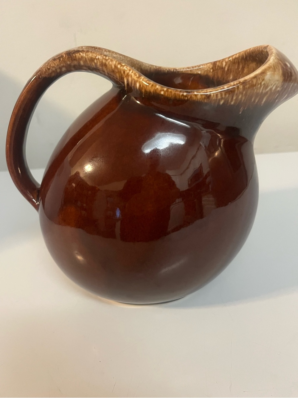 Vintage MCM Hull Ceramic Brown Drip Water Pitcher With  Ice Catcher Spout 7.5in